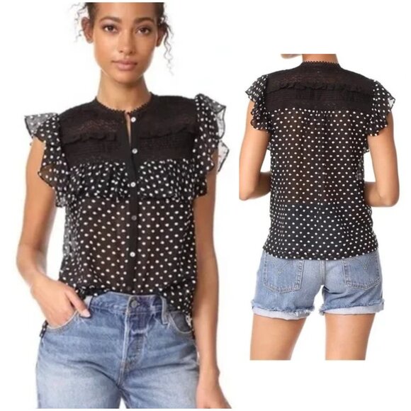 Rebecca Taylor Ruffled Blouse Top Polka Dot Embroidery Cotton Silk size 4 Twee - Picture 1 of 12